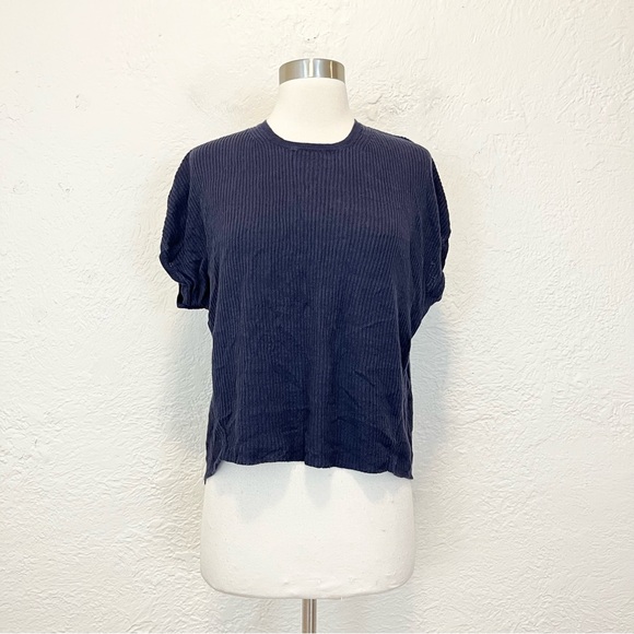 Theory Top Navy Blue Knit Linen Ribbed Dolman Sleeve Medium M